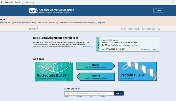 Screenshot, upper portion of NCBI BLAST homepage (Spring 2022)