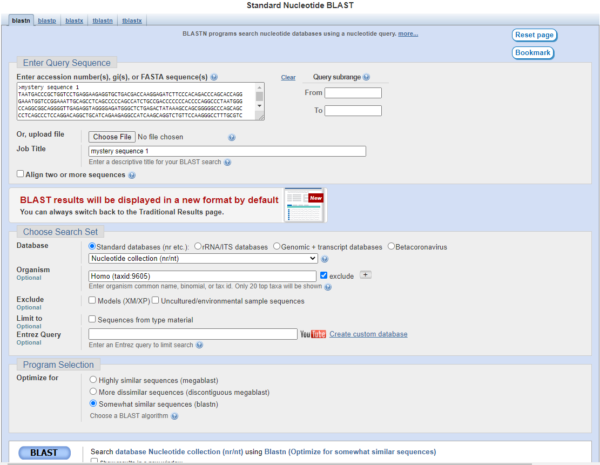 Screenshot of our mystery sequence basic search, humans selected as target organism.