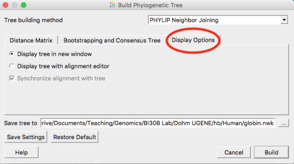 Screenshot UGENE Build tree menu. Select Display option tab circled