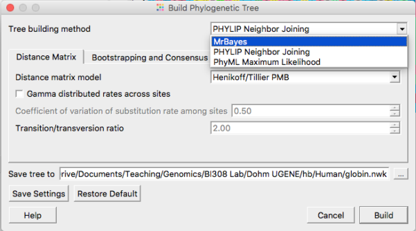 Screenshot UGENE. Select MrBayes routine from the Tree Build menu.
