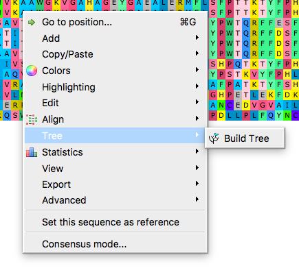 Screenshot UGENE alignment window. Right-click in alignment window to bring-up the menu, select Tree, then Build Tree, to bring up the tree algorithms available.