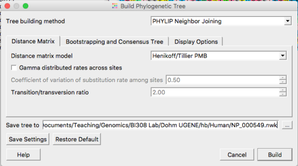 Screenshot UGENE. Options for Neighbor Joining algorithm include choosing types of distances calculated and assumptions about mutations. 