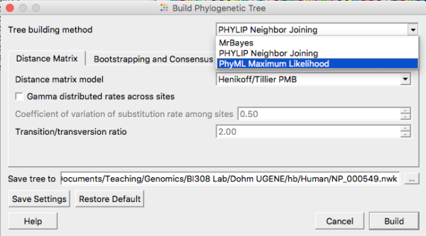 Screenshot UGENE. Select Maximum Likelihood routine from the Tree Build menu.