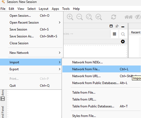 Screenshot Cytoscape (desktop) Network File import menu