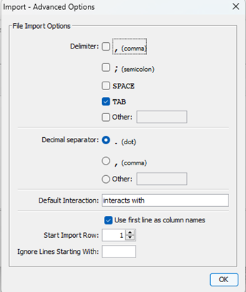 Screenshot Cytoscape (desktop) Import options menu.