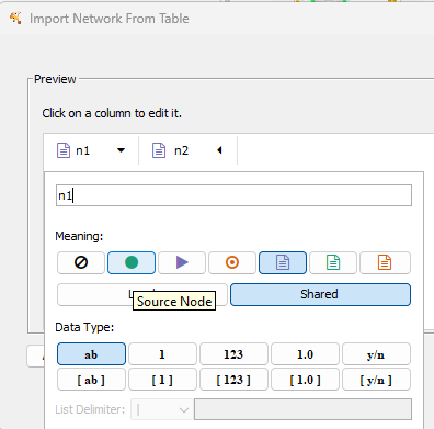 Screenshot Cytoscape (desktop) Import Network from Table. Text file correctly recognized as comma delimited. 