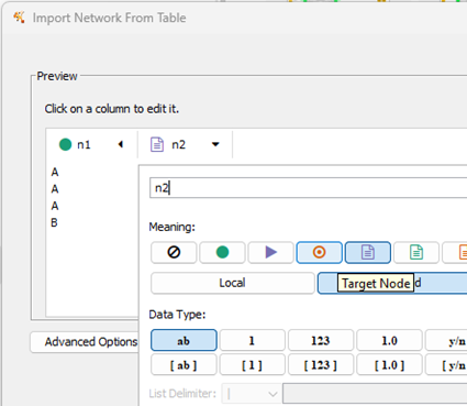 Screenshot Cytoscape (desktop) Import Network from Table. Text file correctly recognized as comma delimited. 