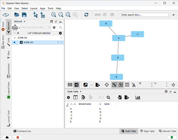 Screenshot Cytoscape workspace with network graphic and node table view windows.