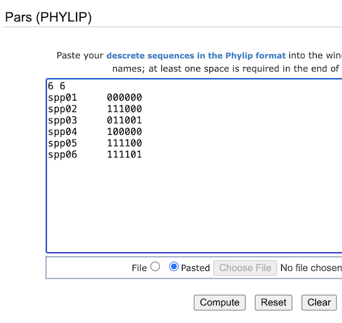 Screenshot of trex-online PARS window with phylip-stype character matrix.