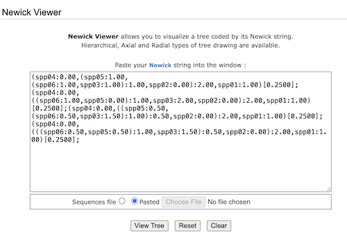 Screenshot trex-online Tree Viewer window with multiple lines of Newick code. each line represents a tree.