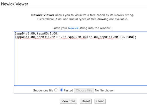 Screenshot trex-online Tree Viewer window with only the first tree. Note that the code needs editing - remove the [0.2500] at the end, but retain the ending semi colon ;. 