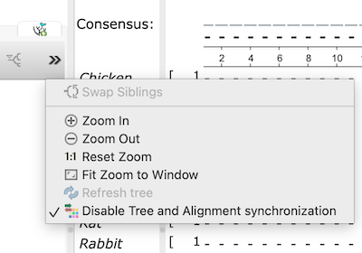 Screenshot of Unipro UGENE sub-menu. Select Disable Tree and Alignment syncronized.