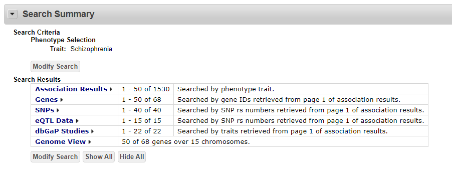 Screenshot PheGenI association results.