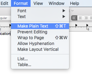 Screenshot of menu option, Make Plain Text.