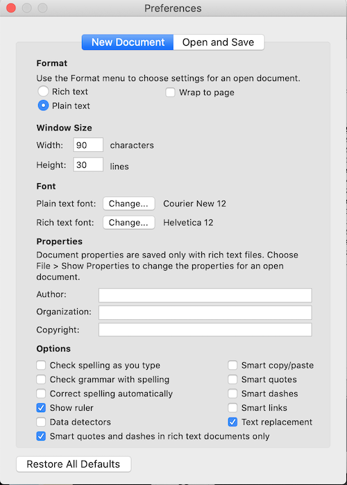 Screenshot, shows selecting preferences for TextEdit